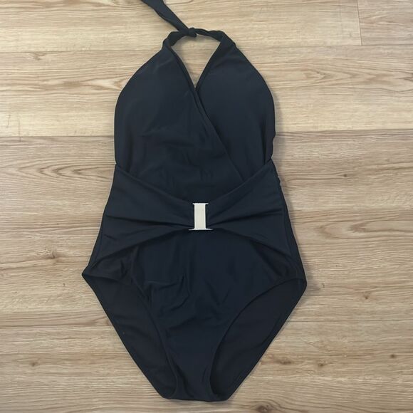 Grace Karin Black Halter One Piece Swimsuit Gold Detail Medium Chic Classic - Picture 1 of 6